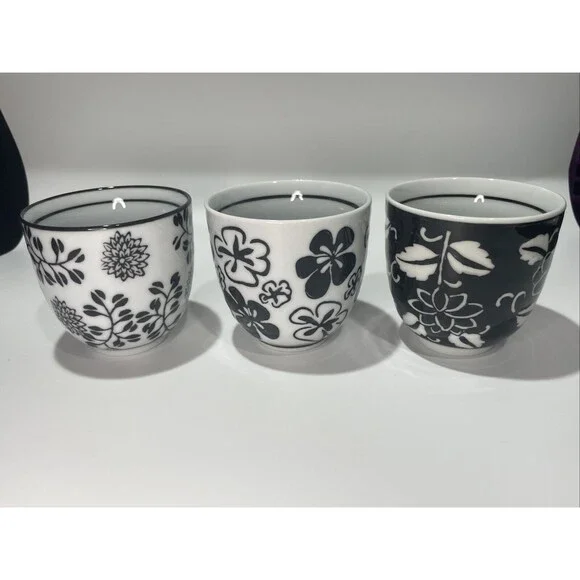 Lot of 3 Pier 1 Imports 4 oz Akina Sake Tea Cups Black White Floral Design 2.5” - Picture 3 of 7